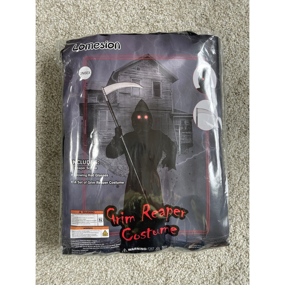 Grim Reaper Halloween Costume Unisex Black Robe Scythe Glowing Eye Glasses O/S